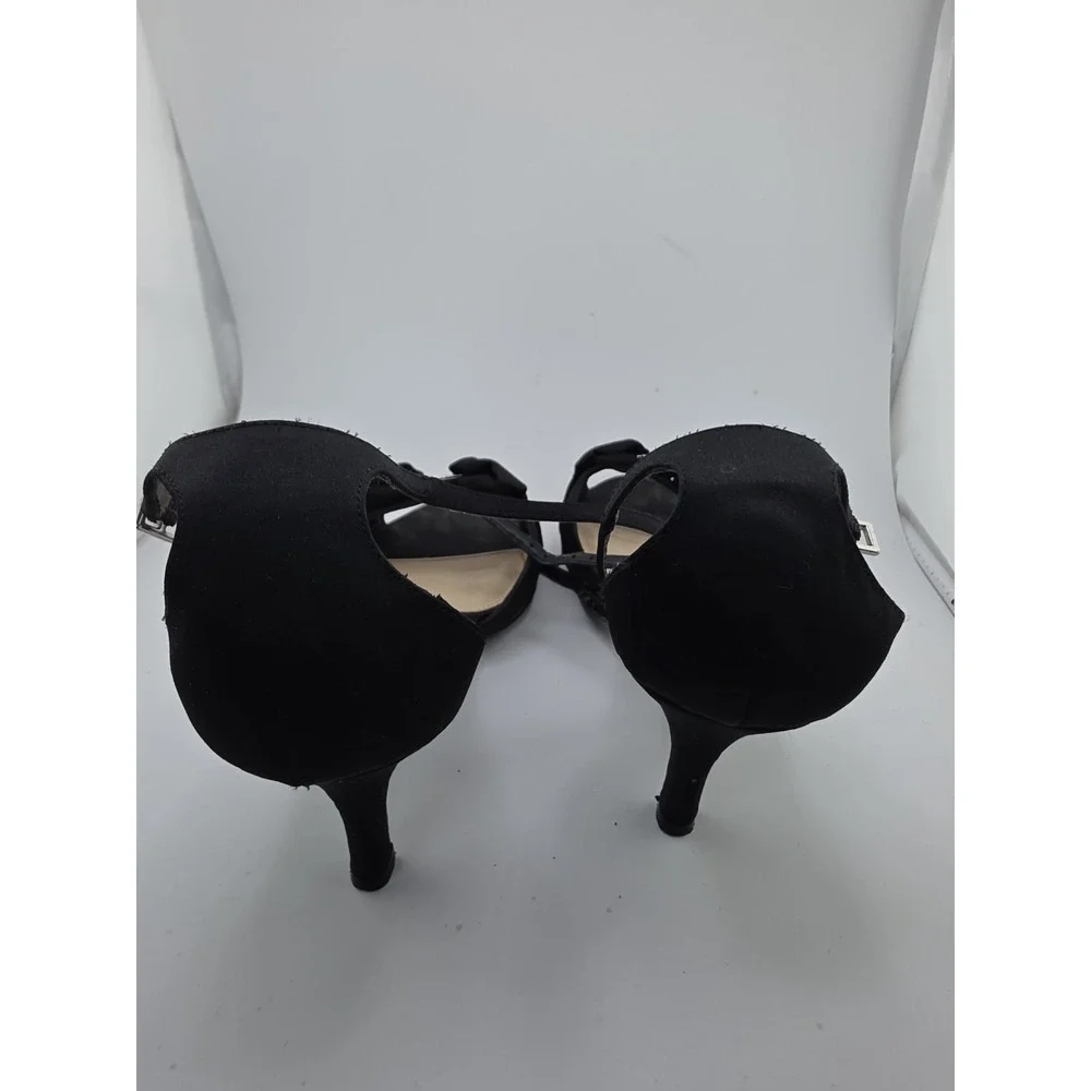 Nina Black Rhinestone Bow Ankle Strap Stiletto Heels Womens 9.5M Leather Sole